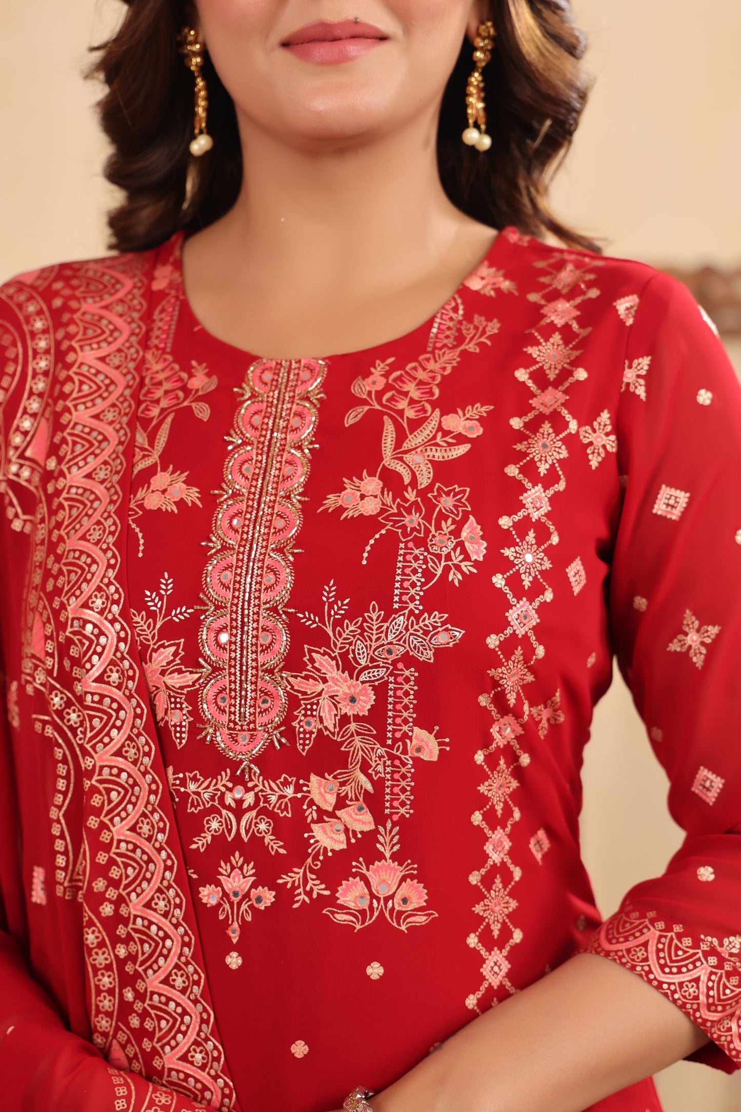 Maroon Red Georgette Handwork 3-Pcs Suit Set