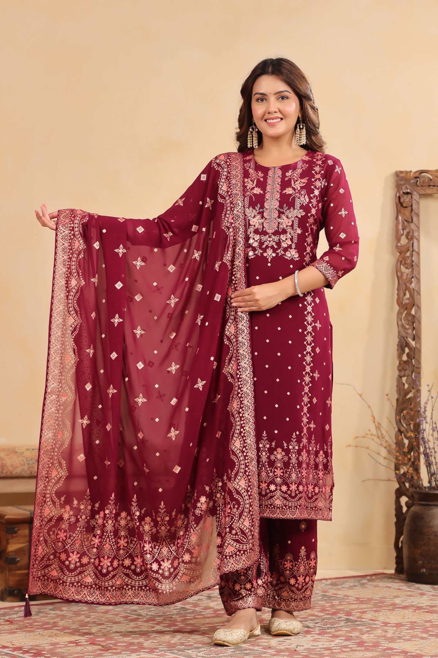 Plum Georgette Handwork 3-Pcs Suit Set