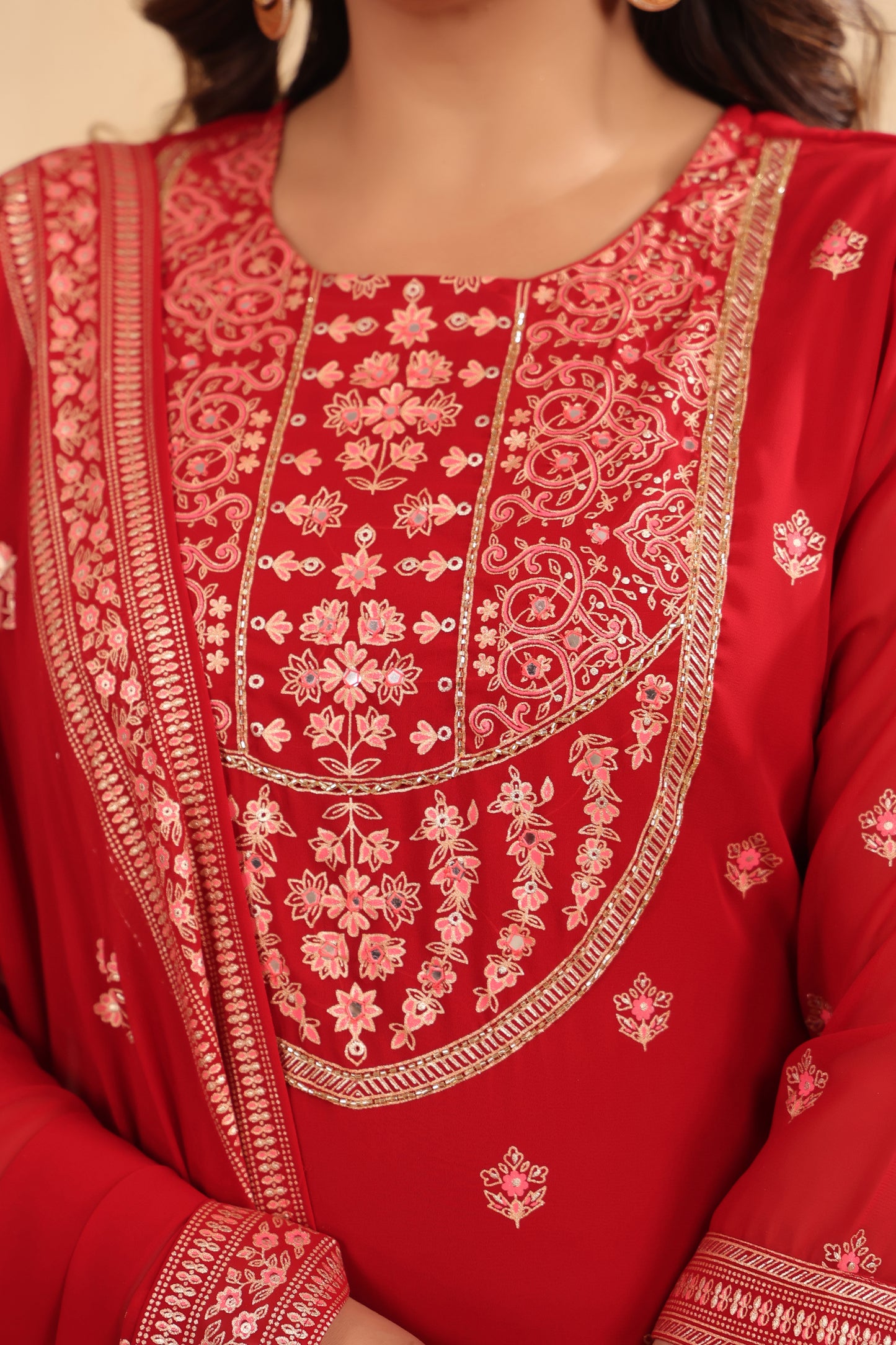 Maroon Red Georgette Handwork 3-Pcs Suit Set