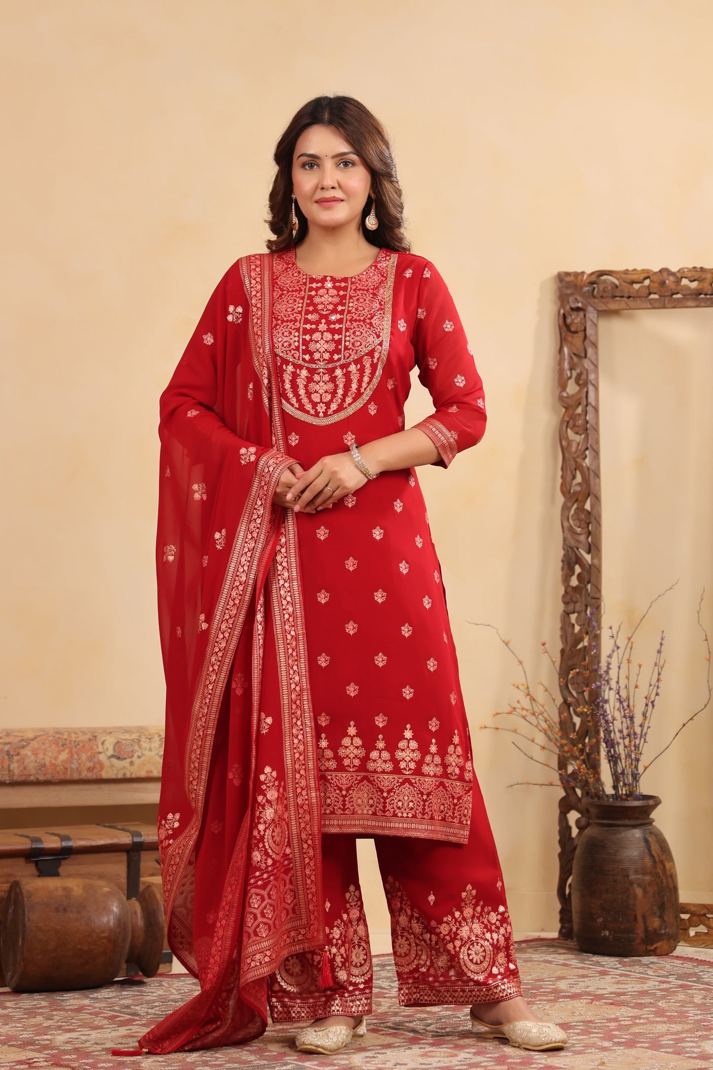 Maroon Red Georgette Handwork 3-Pcs Suit Set