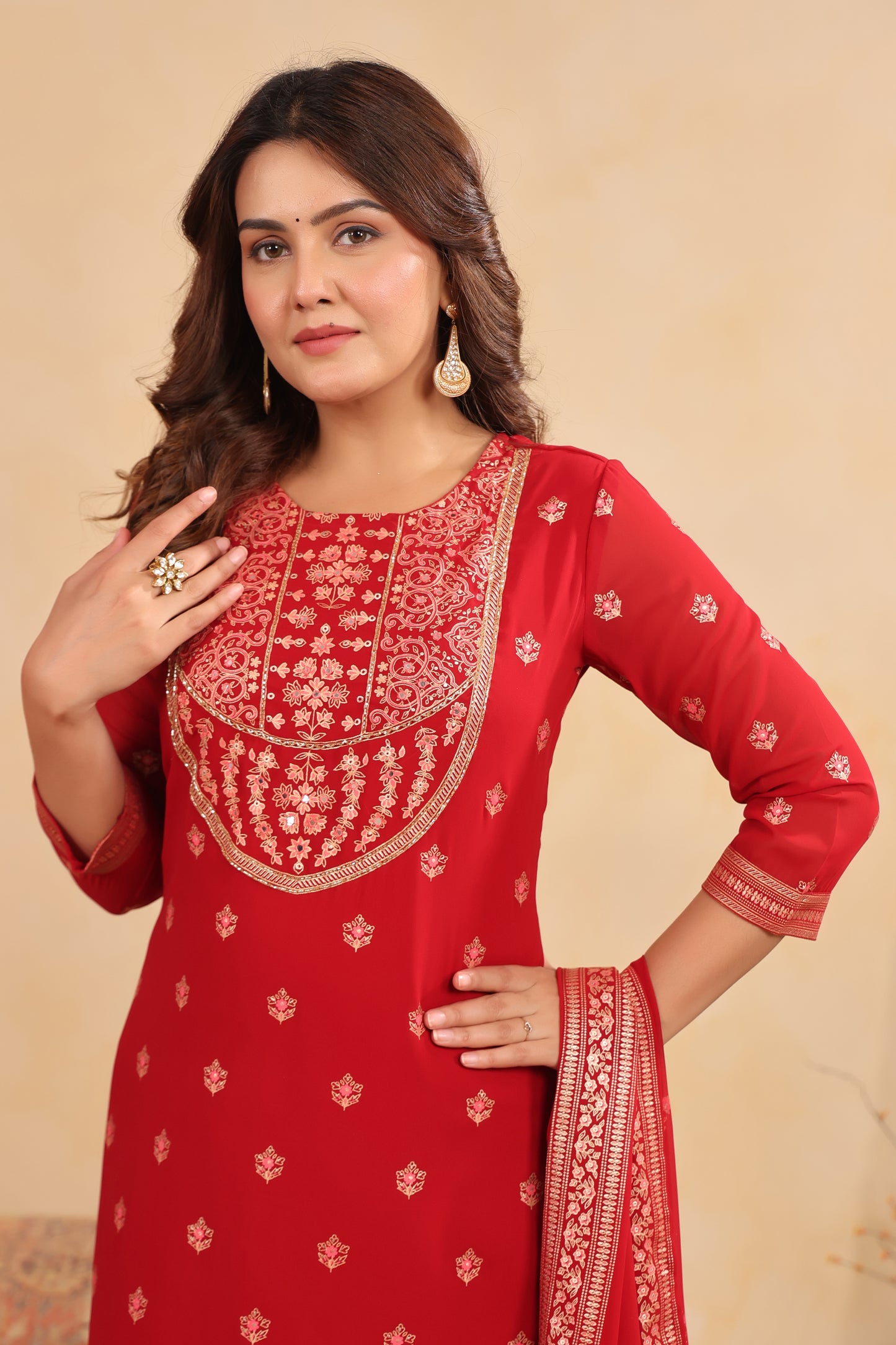 Maroon Red Georgette Handwork 3-Pcs Suit Set