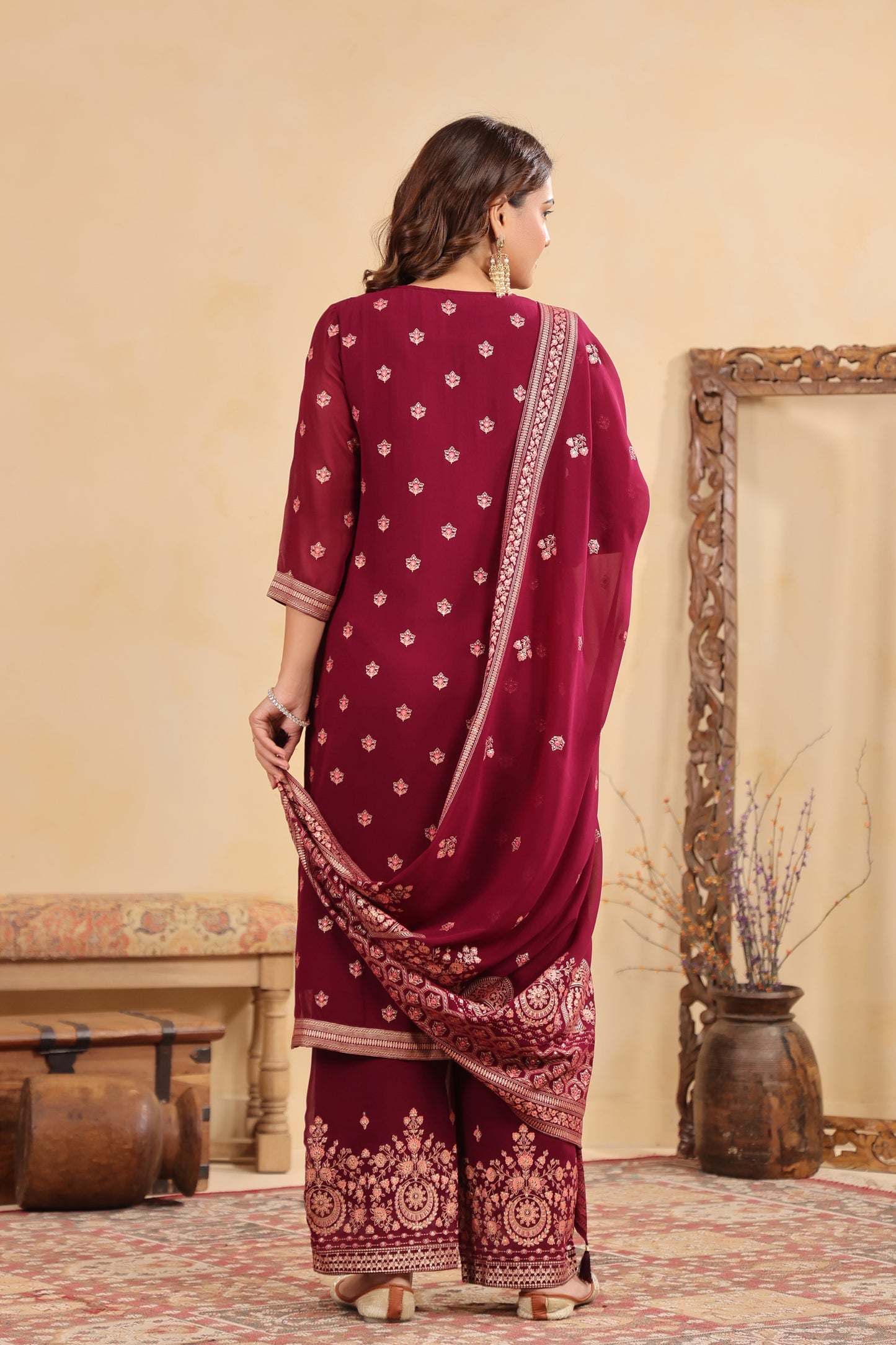 Plum Georgette Handwork 3-Pcs Suit Set