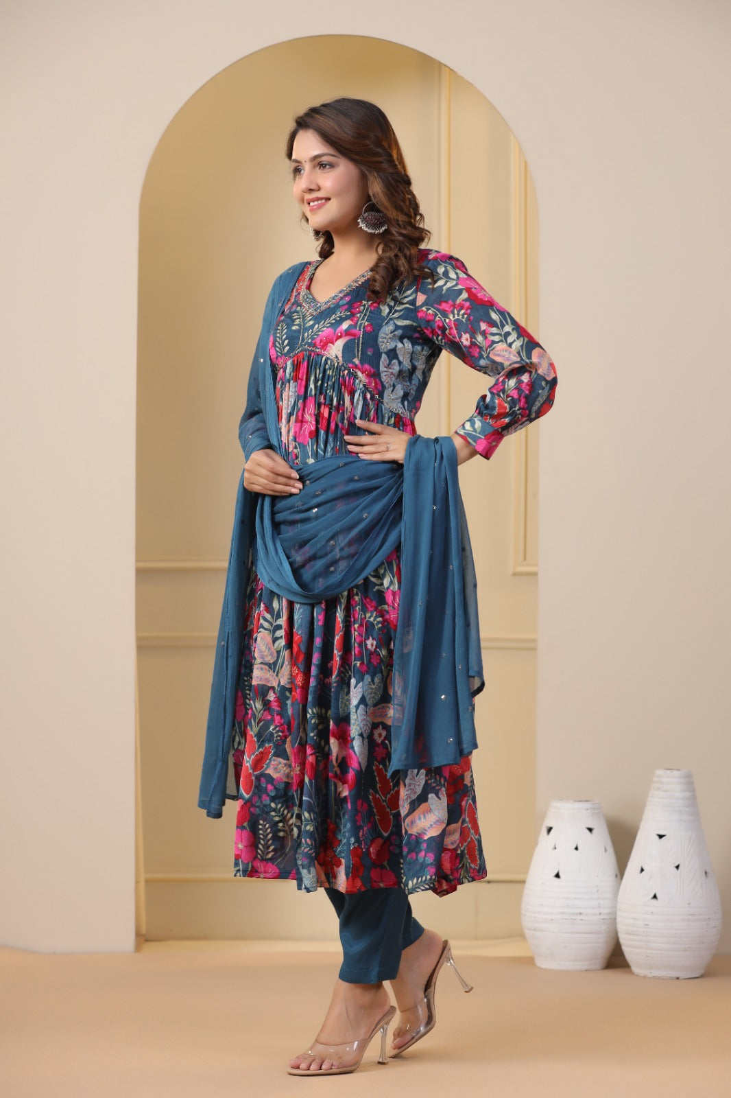 Blue Floral Handworked Alia-Cut Kurta Suit Set