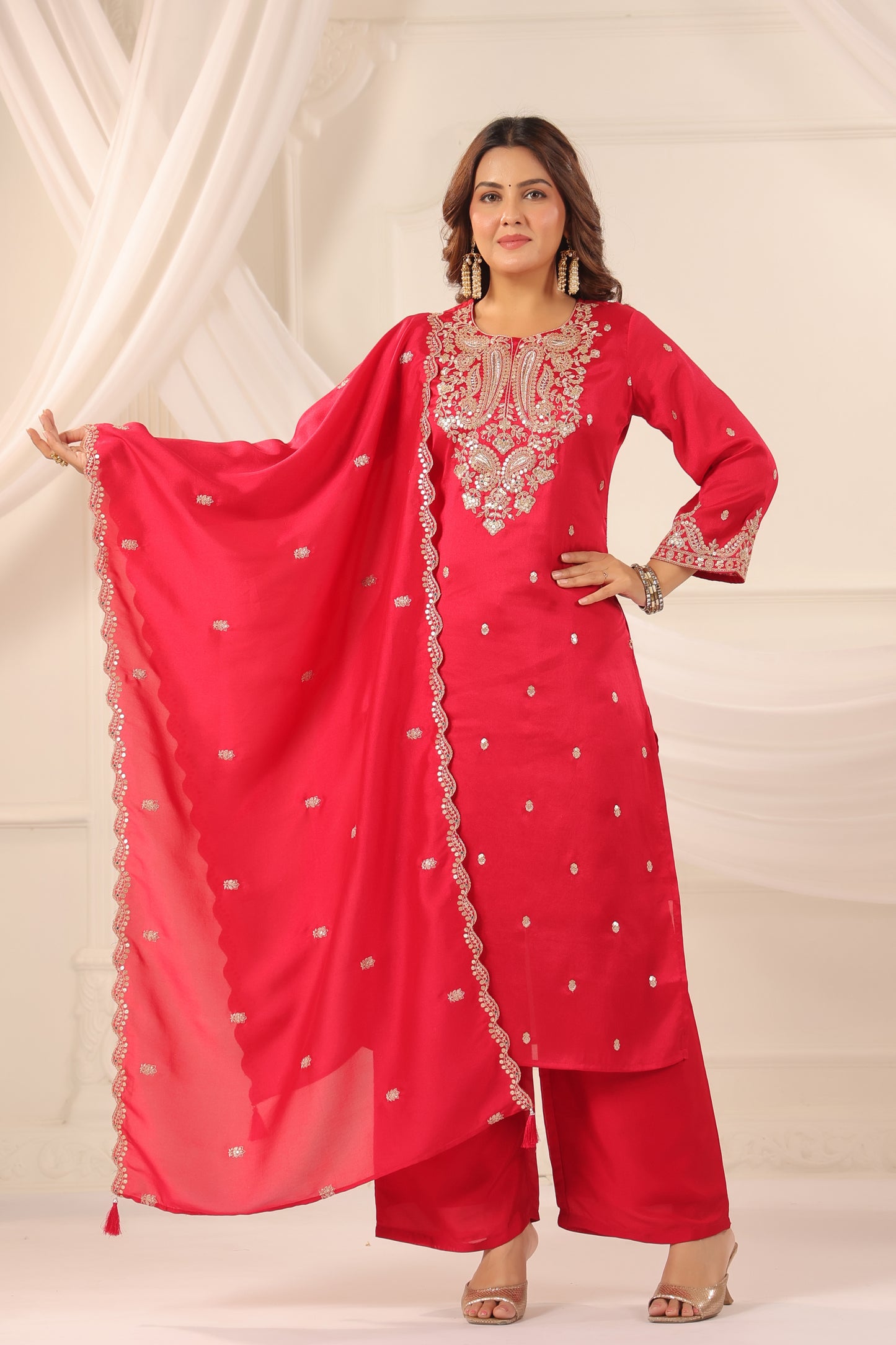 Persian Red Embroidered 3-Pcs Suit Set
