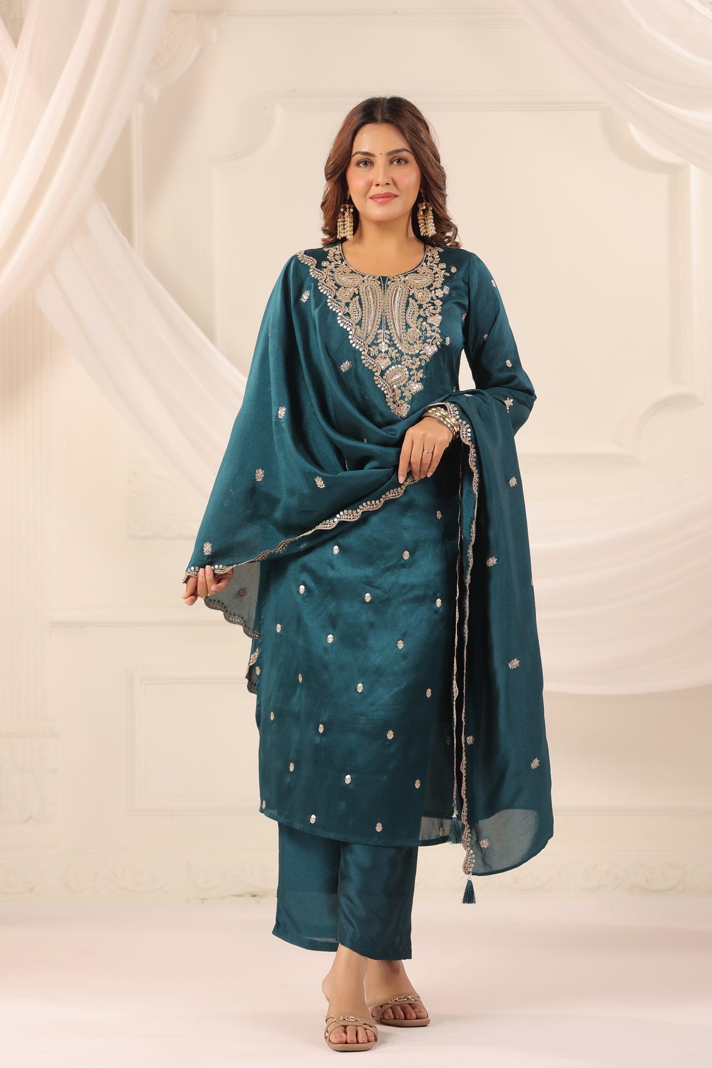 Royal Blue Embroidered 3-Pcs Suit Set