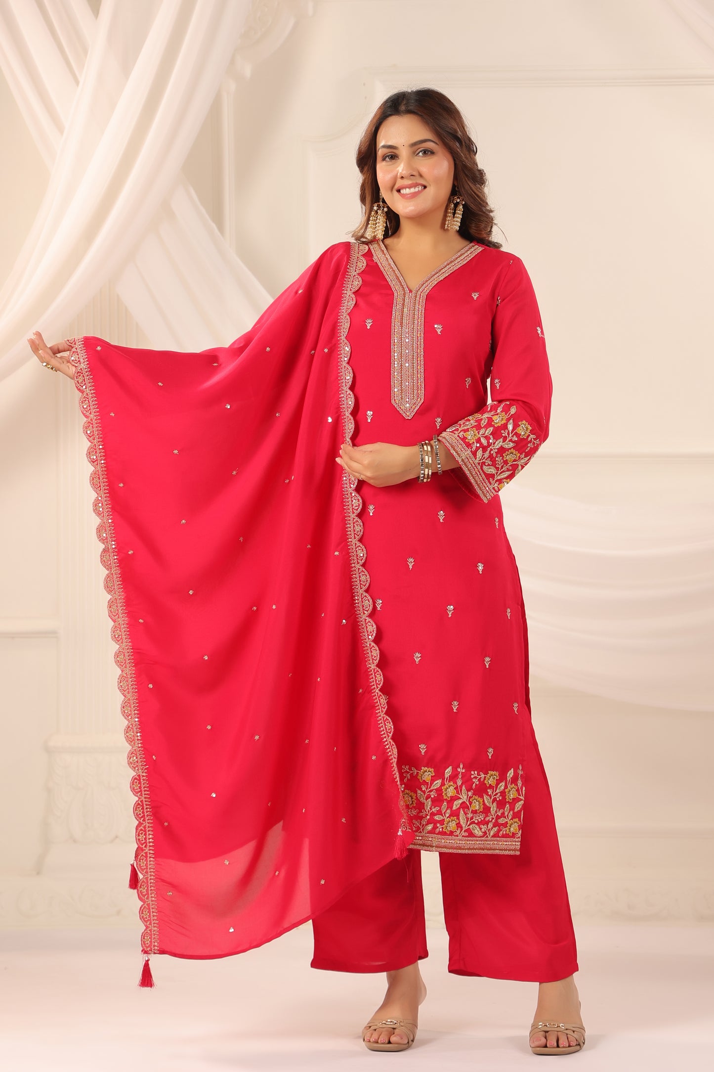 Persian Red Floral Embroidered 3-Pcs Suit Set