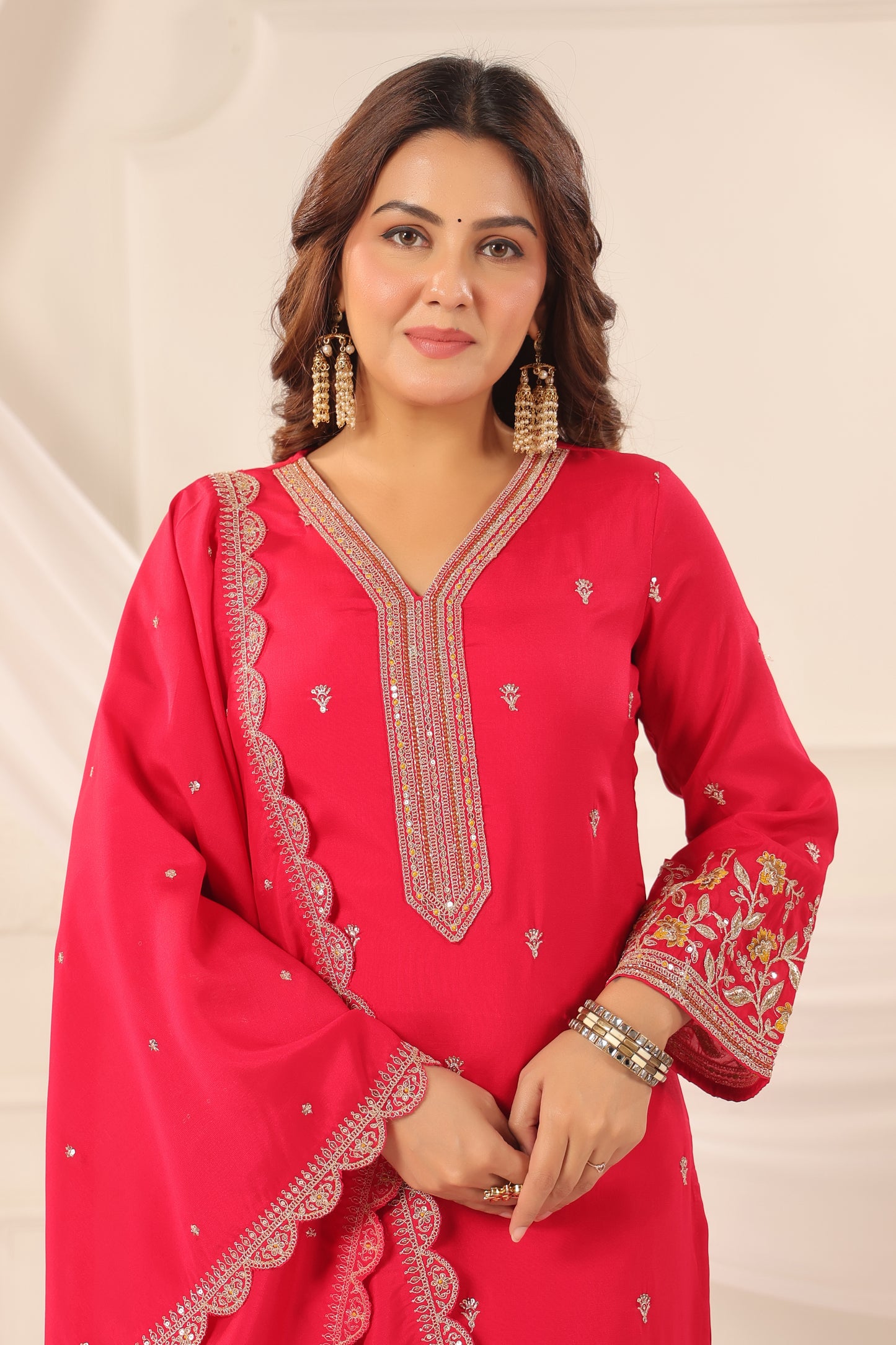 Persian Red Floral Embroidered 3-Pcs Suit Set