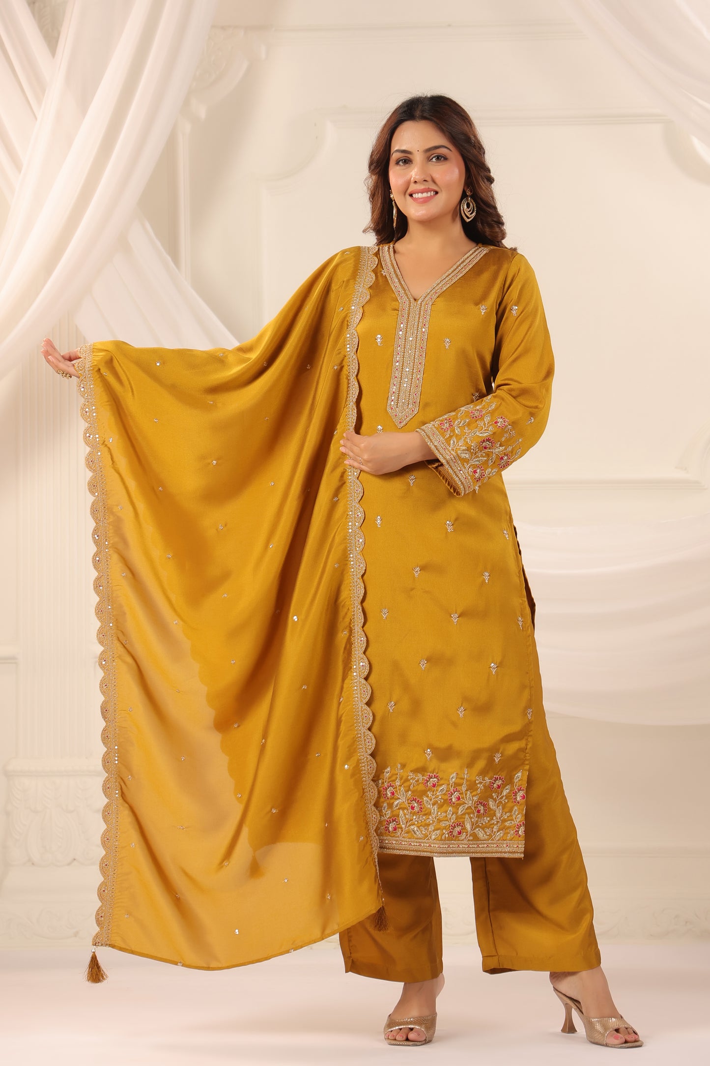 Medallion Yellow Floral Embroidered 3-Pcs Suit Set
