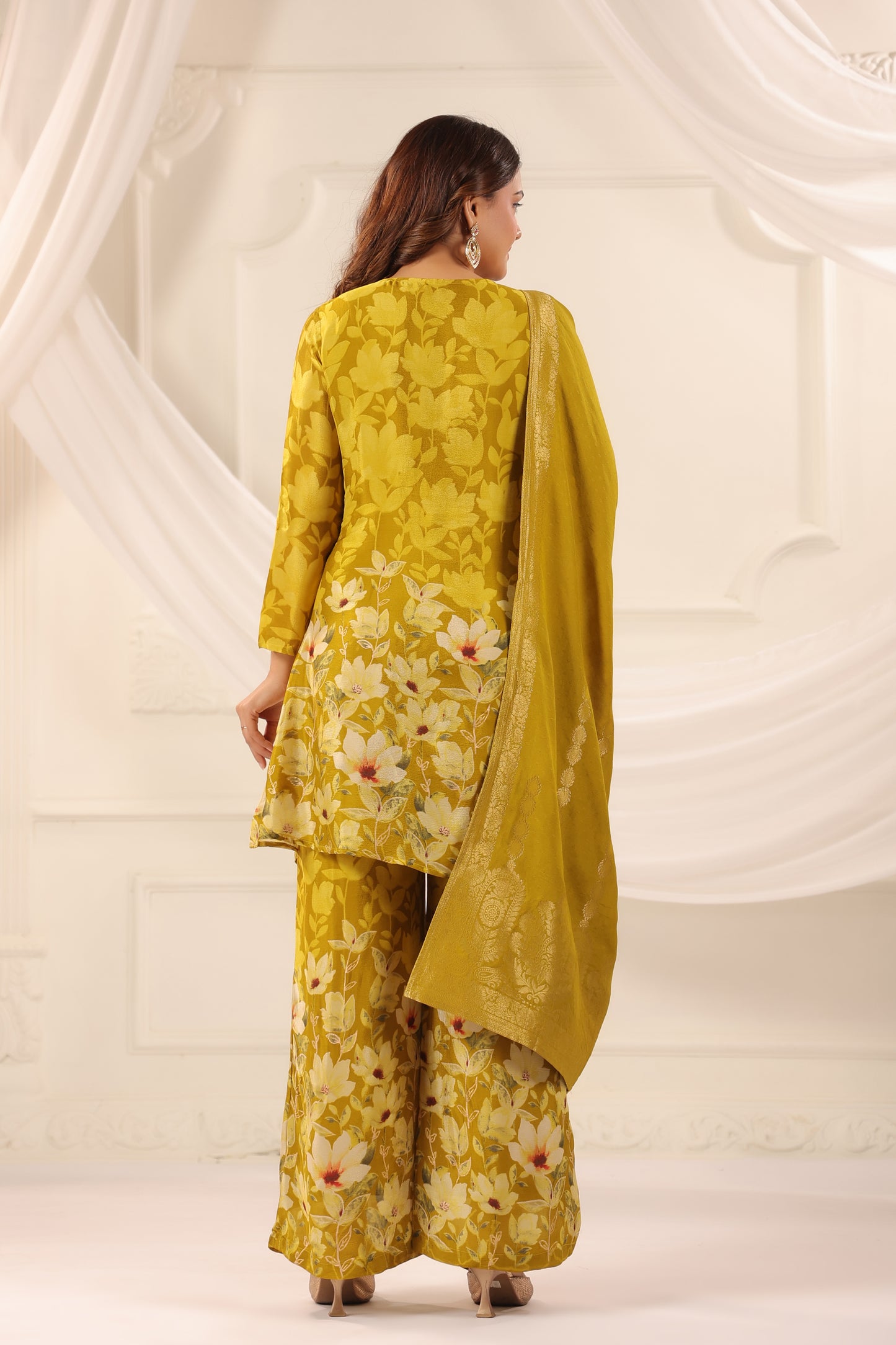 Yellow Green Pure Chinnon Handwork 3-Piece Suit Set