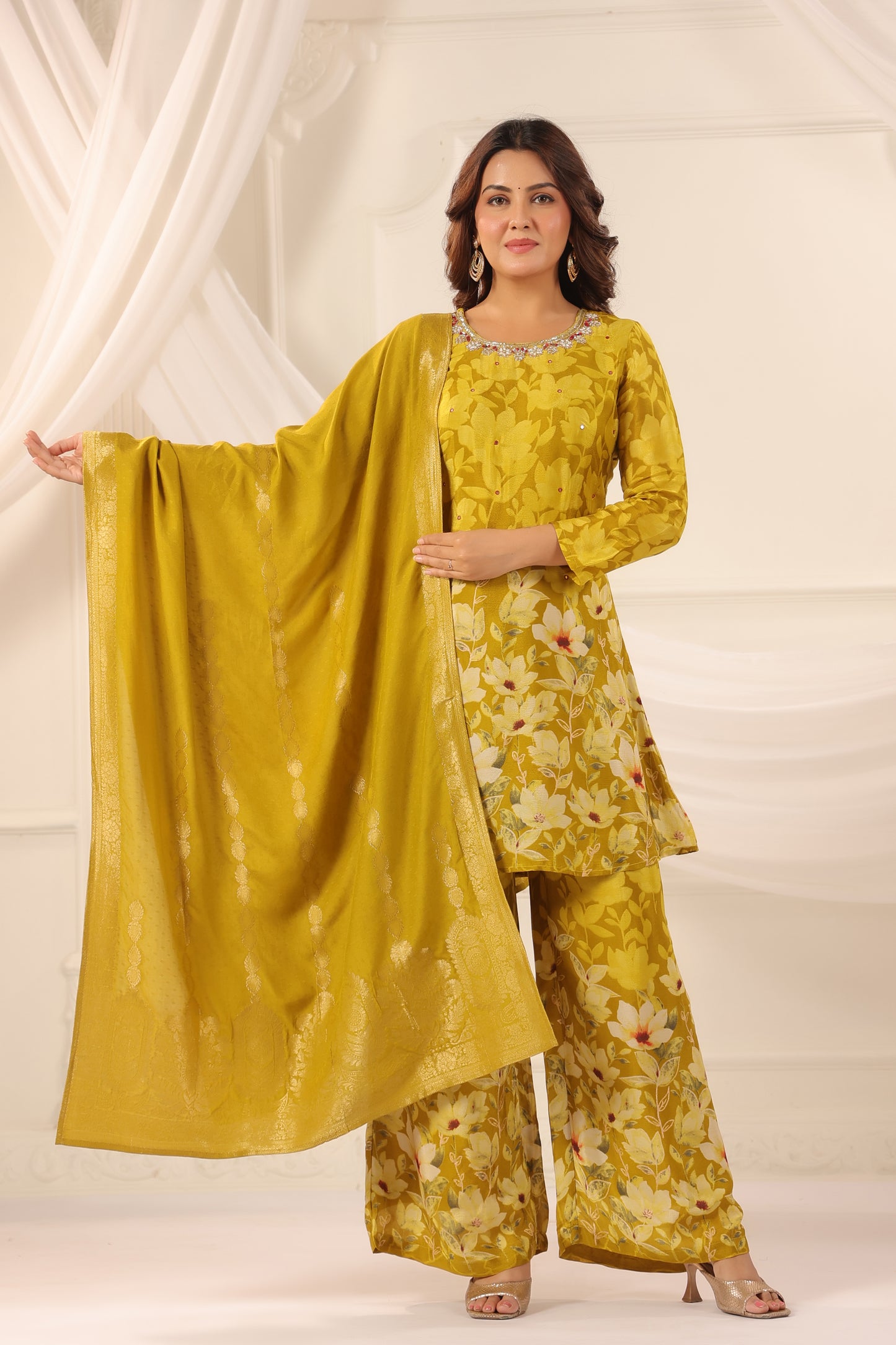 Yellow Green Pure Chinnon Handwork 3-Piece Suit Set
