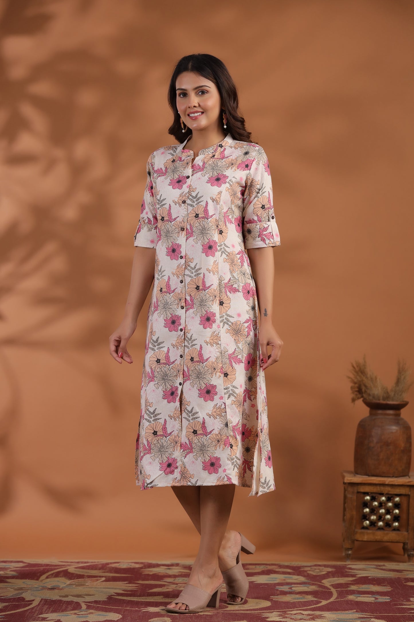 Off-White- Pink Floral Print A-Line Kurti
