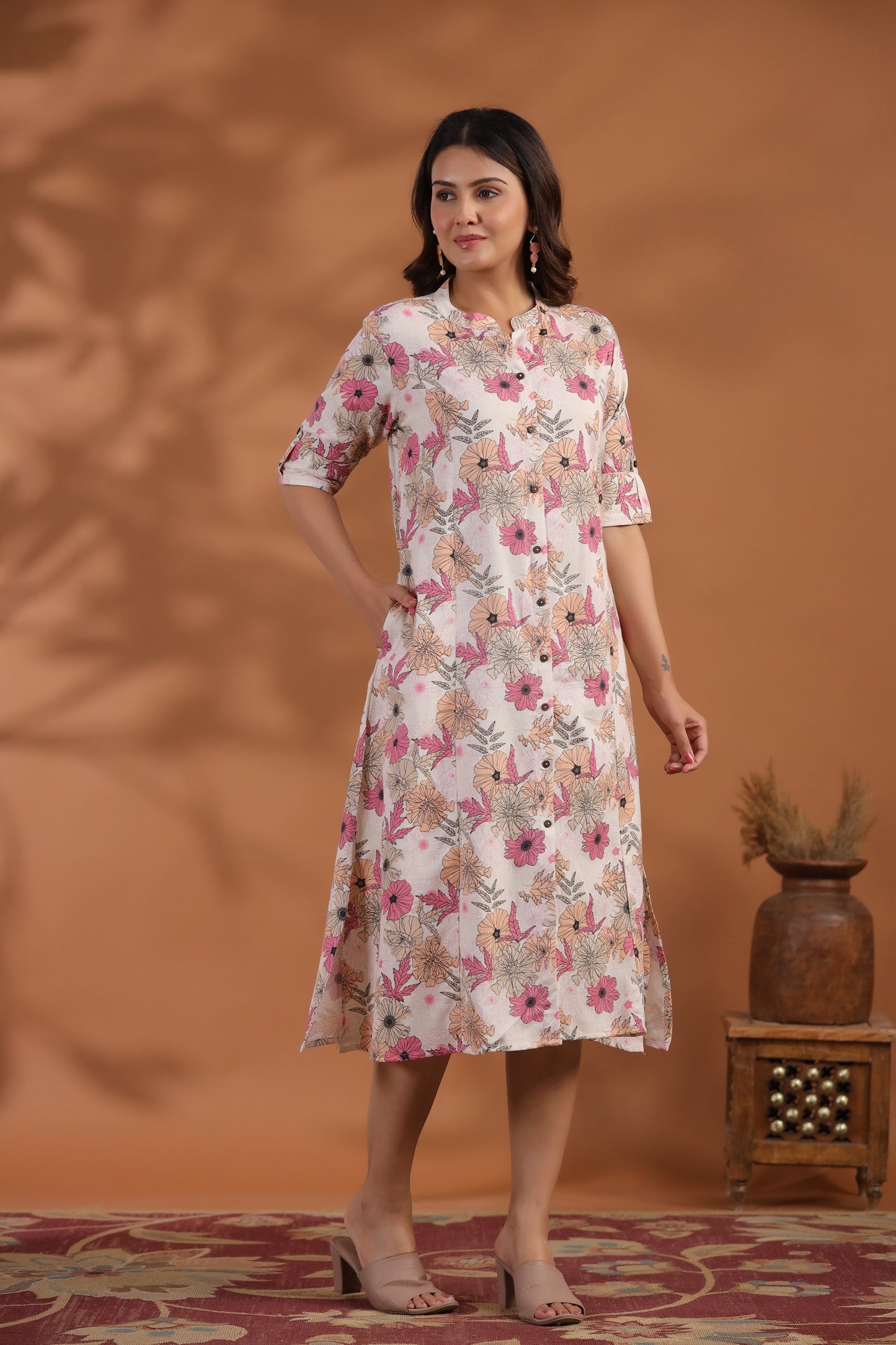 Off-White- Pink Floral Print A-Line Kurti