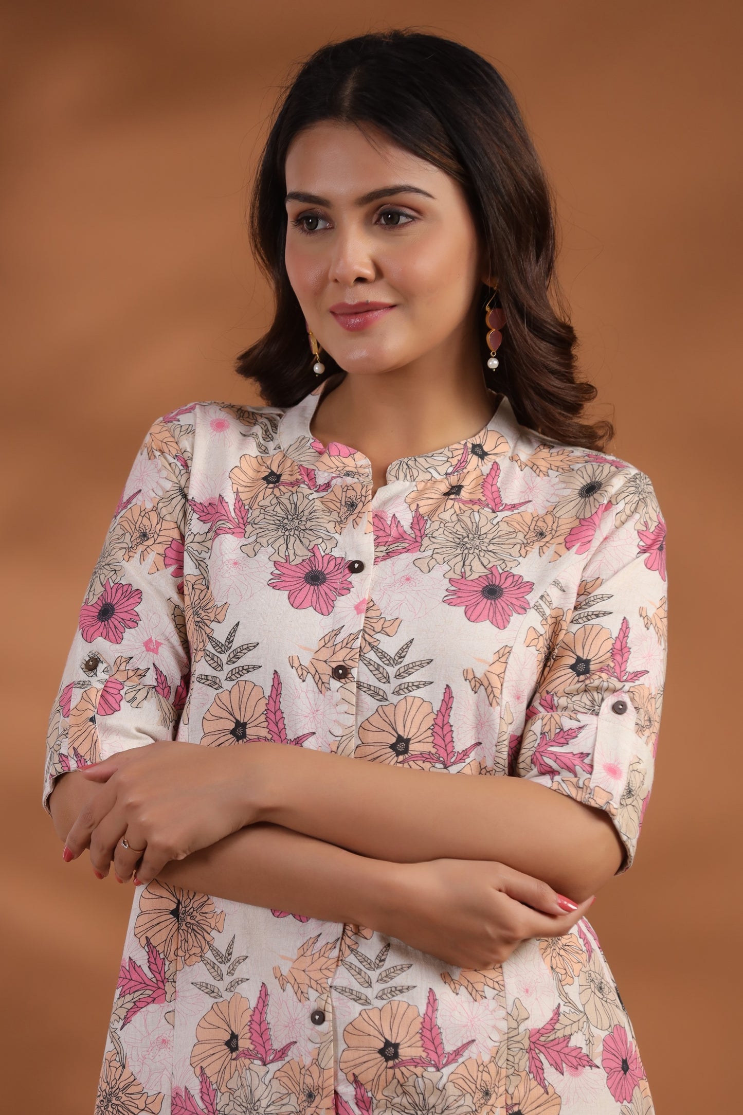 Off-White- Pink Floral Print A-Line Kurti