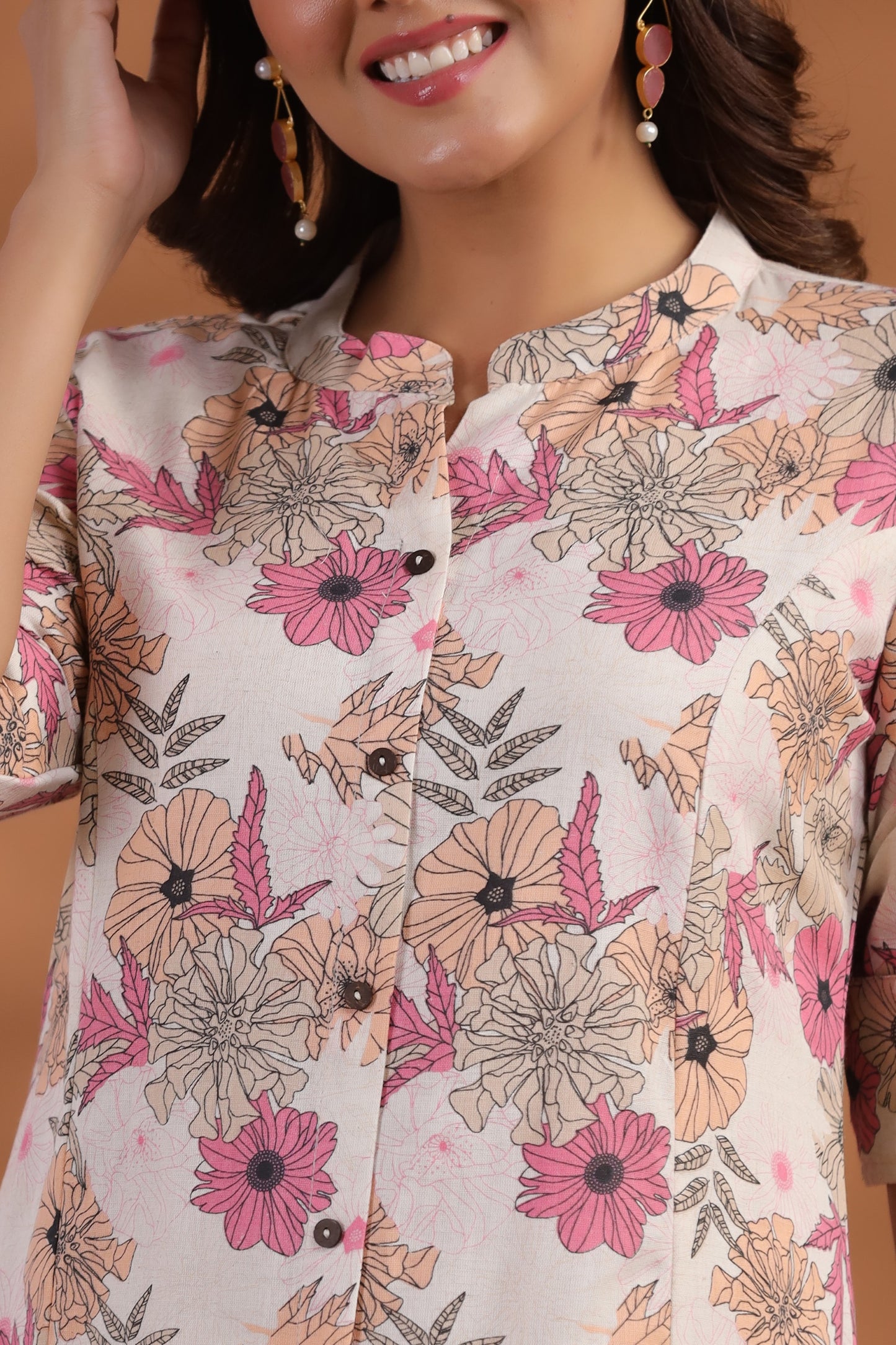 Off-White- Pink Floral Print A-Line Kurti