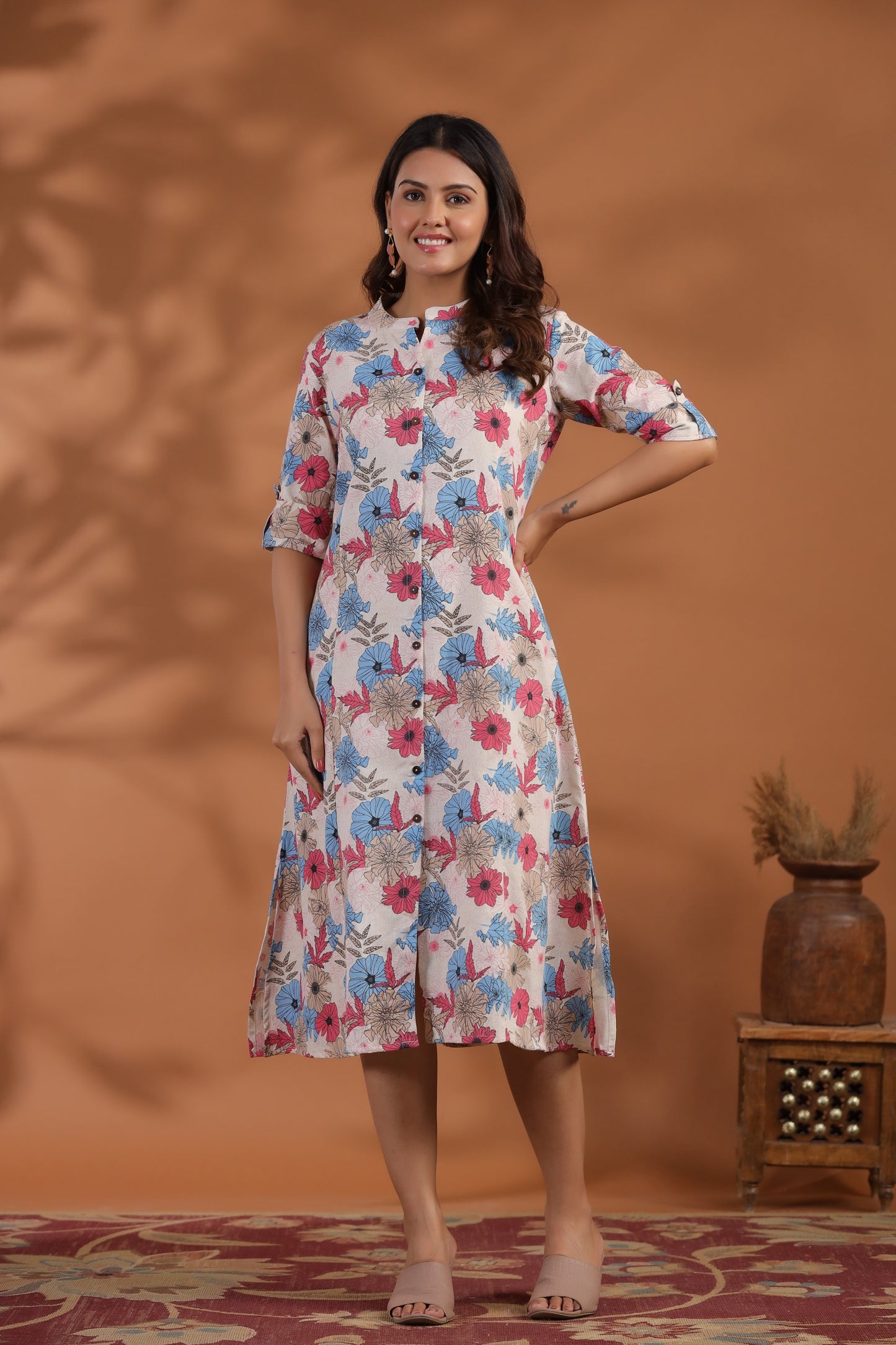 Blue-Pink Floral Print A-Line Kurti