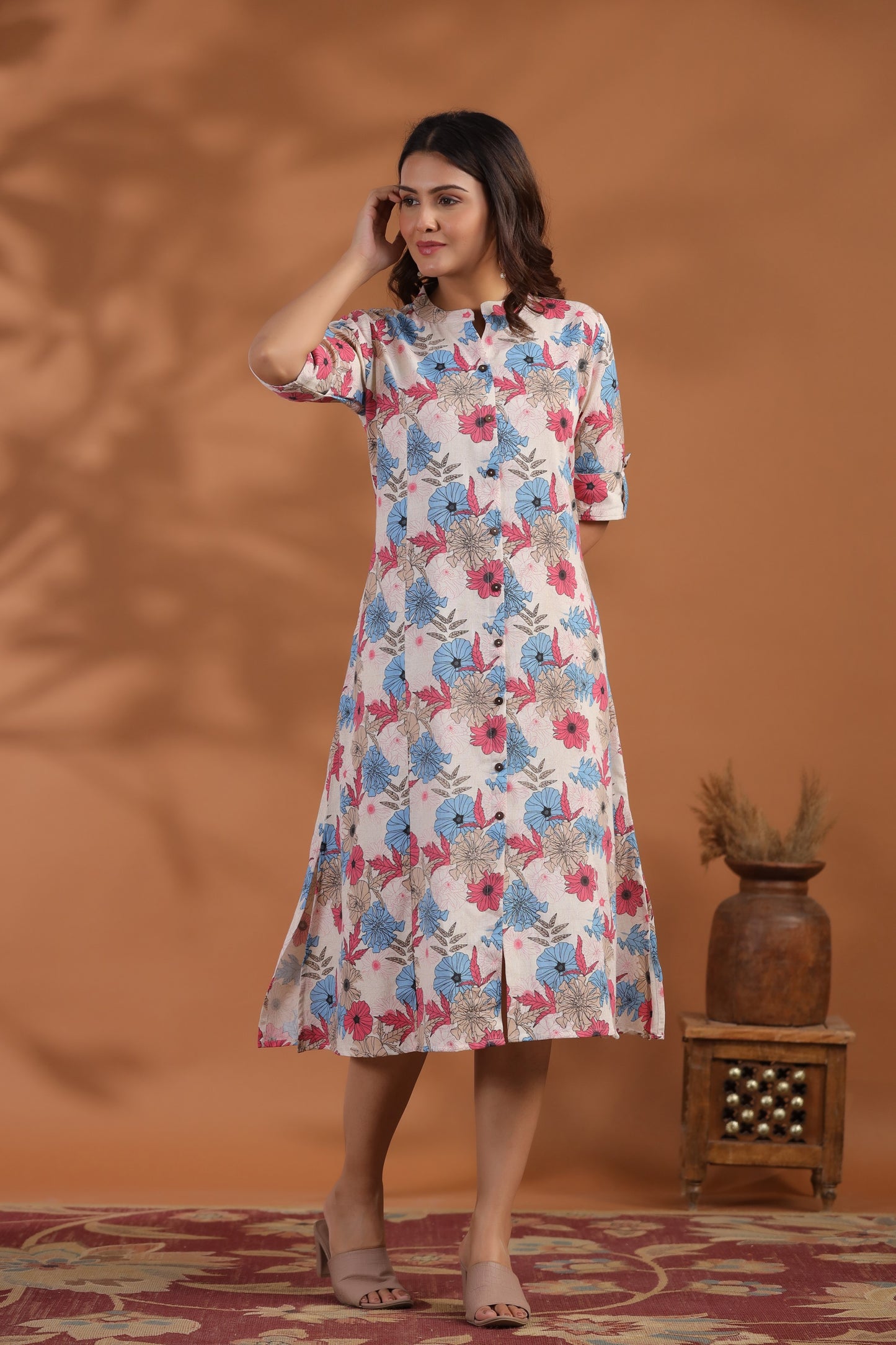 Blue-Pink Floral Print A-Line Kurti