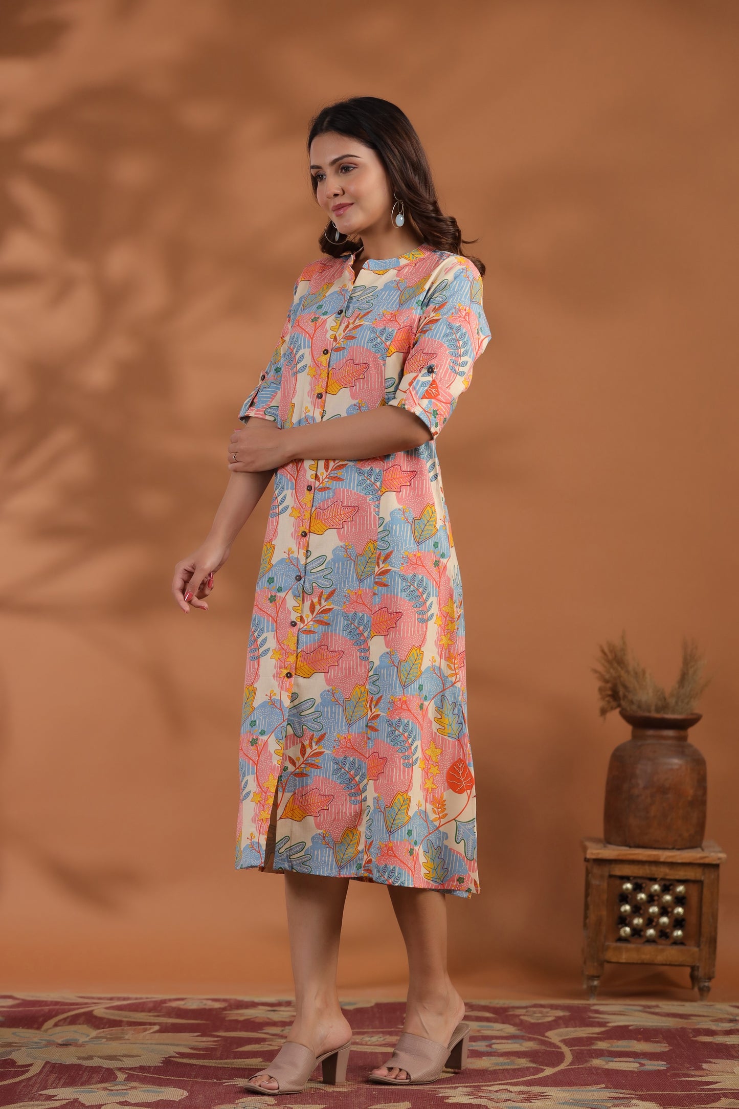 Blue-Peach Abstract Print A-Line Kurti