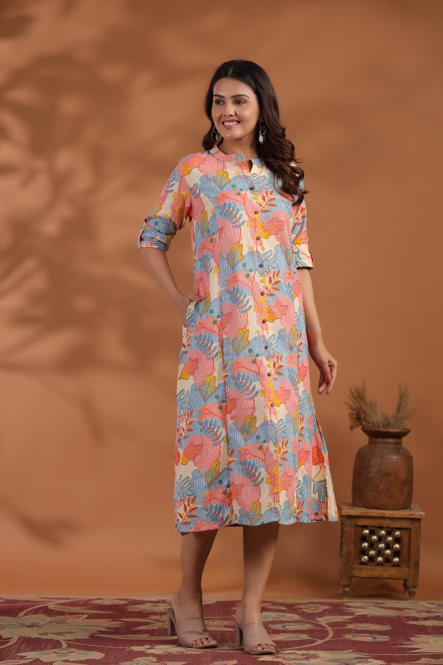 Blue-Peach Abstract Print A-Line Kurti