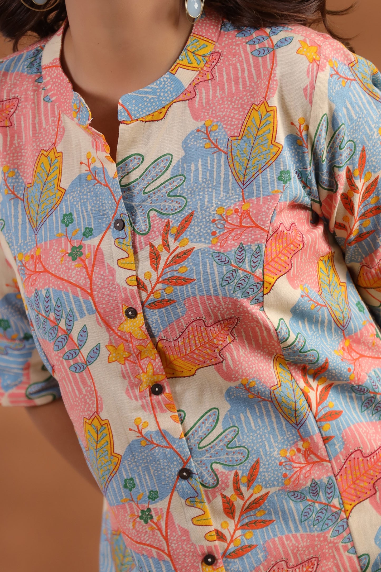 Blue-Peach Abstract Print A-Line Kurti