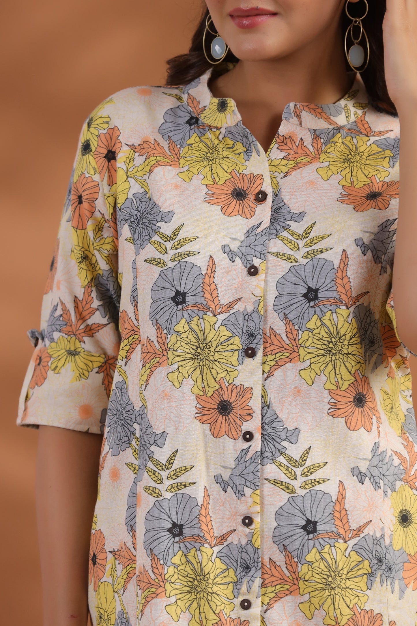 Off-White- Peach Floral Print A-Line Kurti