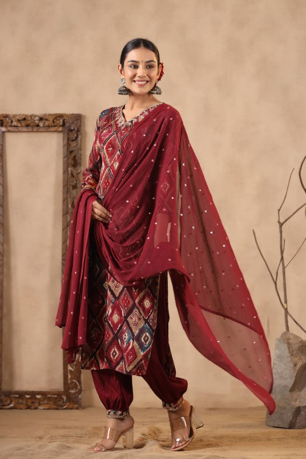 Maroon Floral Handworked Straight-Cut Kurta Set