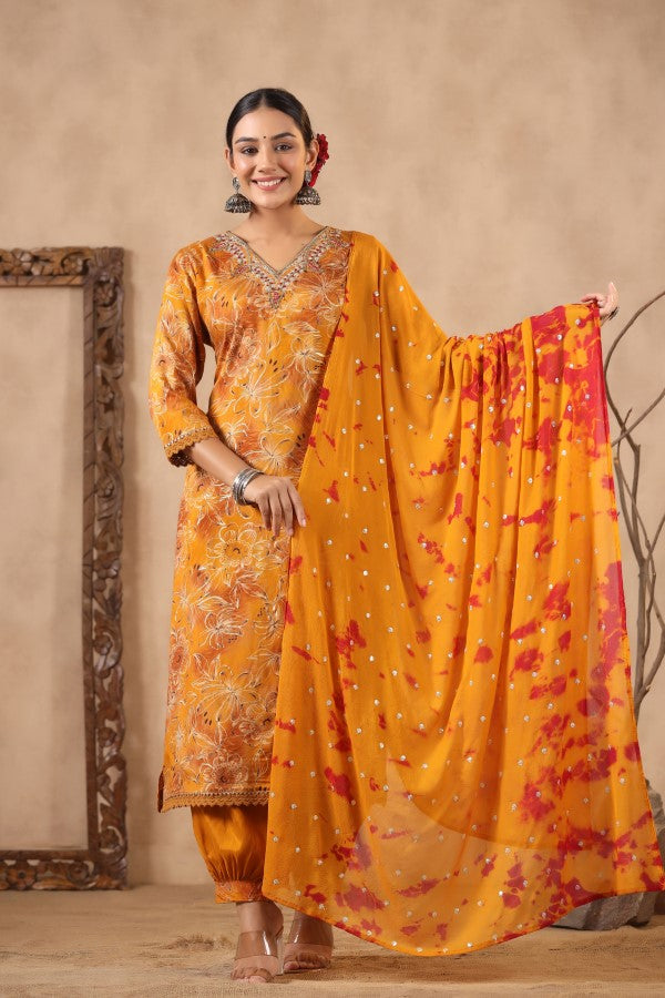 Yellow Floral Handworked Straight-Cut Kurta Set