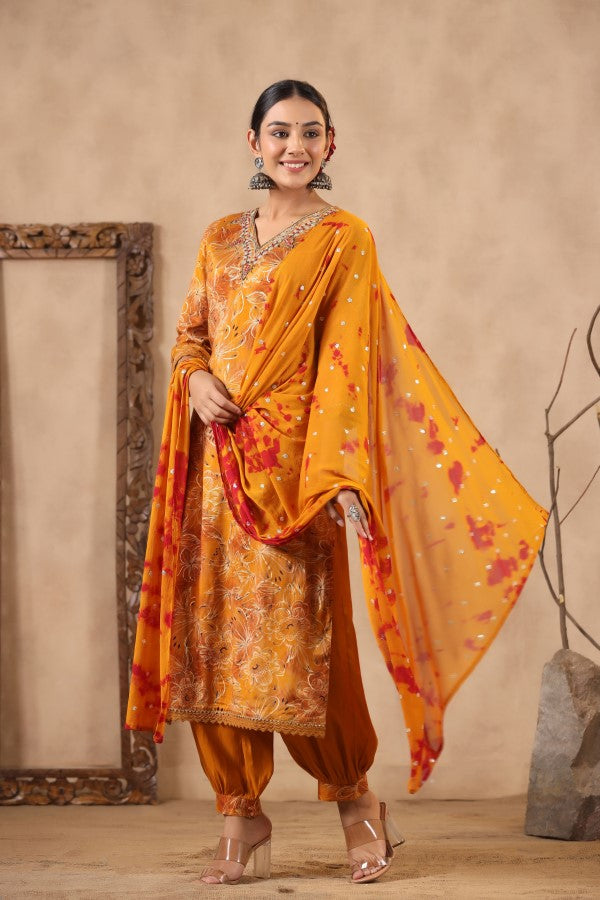 Yellow Floral Handworked Straight-Cut Kurta Set