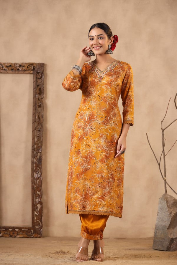 Yellow Floral Handworked Straight-Cut Kurta Set