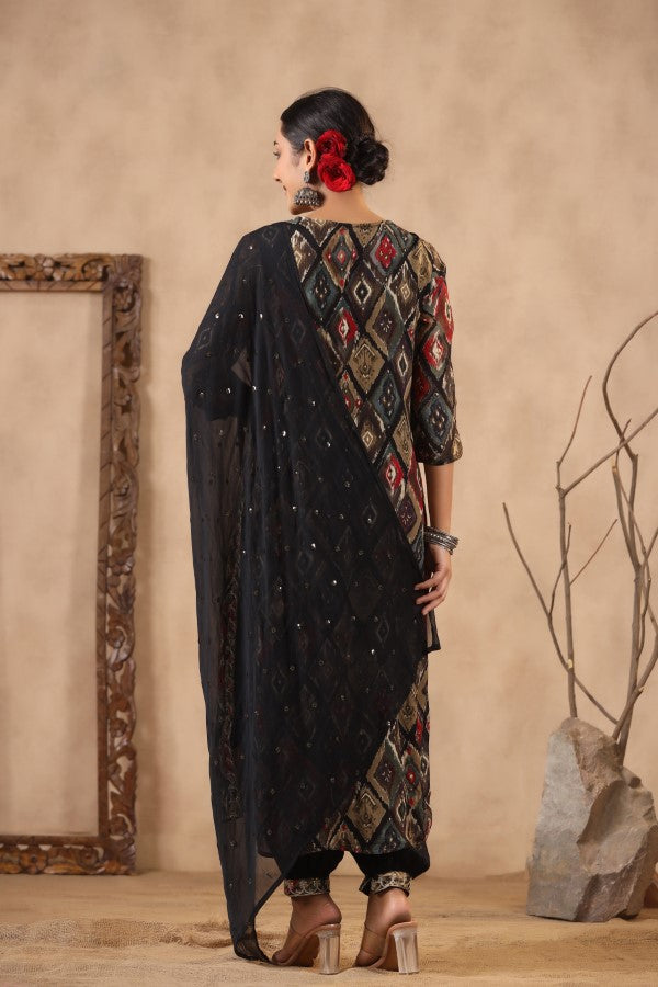 Black Floral Handworked Straight-Cut Kurta Set