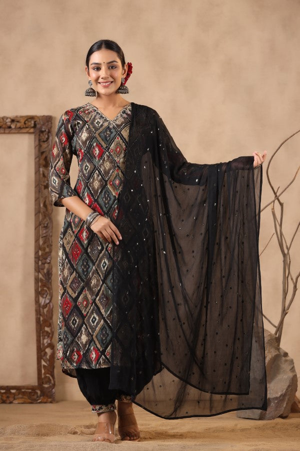 Black Floral Handworked Straight-Cut Kurta Set