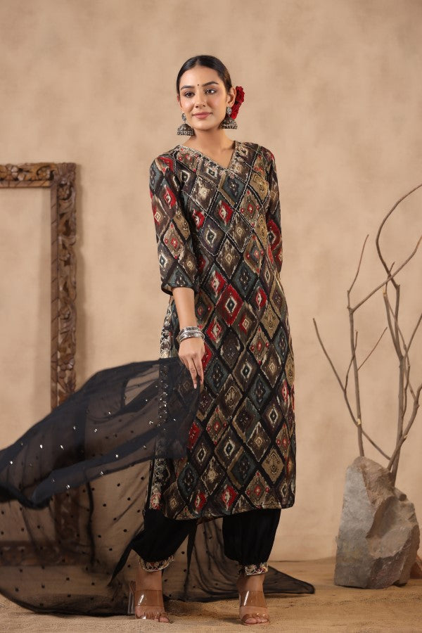 Black Floral Handworked Straight-Cut Kurta Set