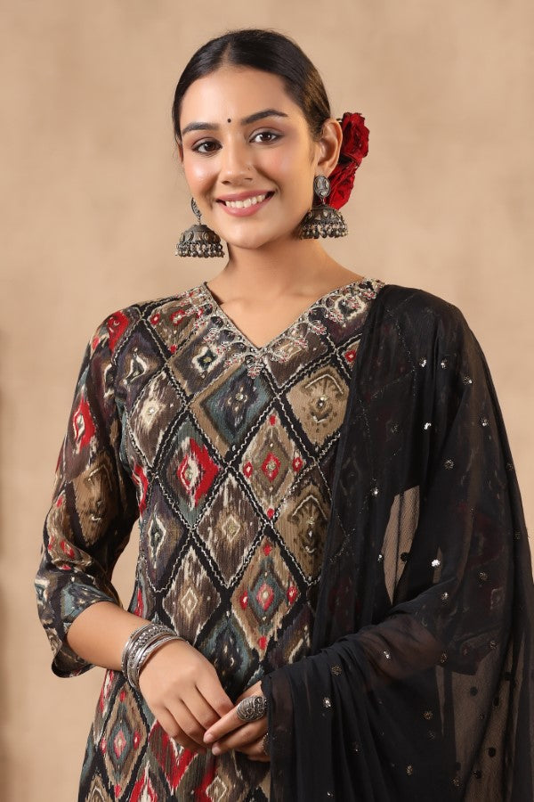 Black Floral Handworked Straight-Cut Kurta Set