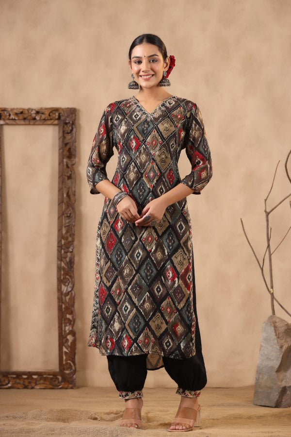 Black Floral Handworked Straight-Cut Kurta Set
