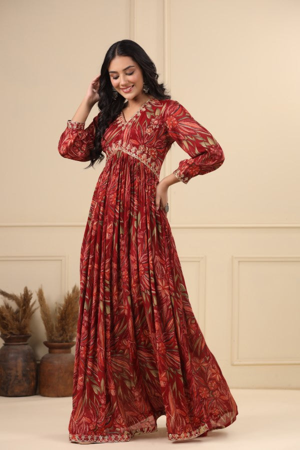 Maroon Floral Handworked Flair Gown