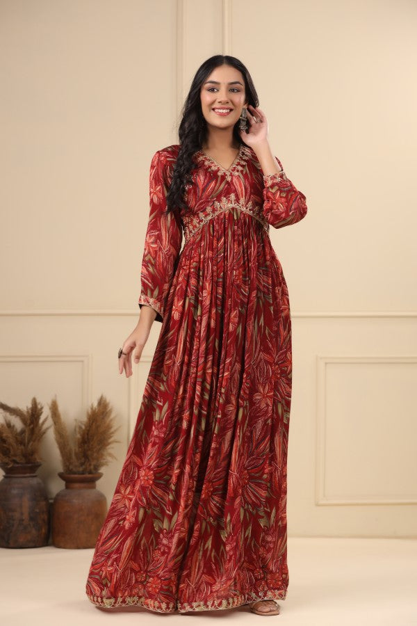 Maroon Floral Handworked Flair Gown