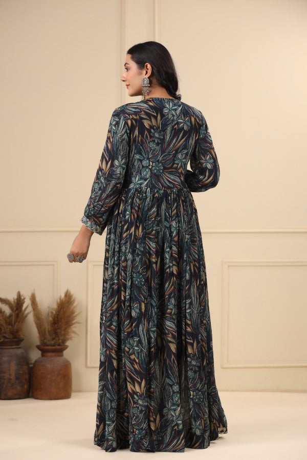 Navy Blue Floral Handworked Flair Gown
