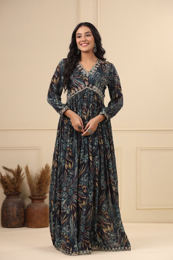 Navy Blue Floral Handworked Flair Gown