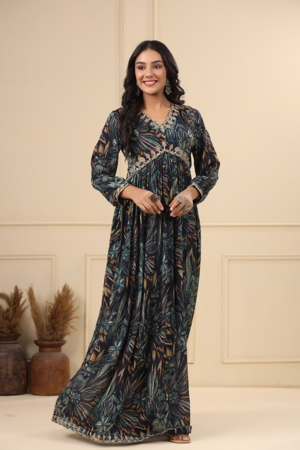 Navy Blue Floral Handworked Flair Gown