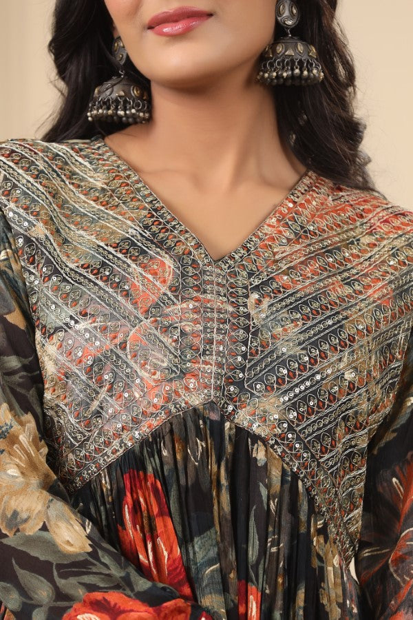 Black Floral Embroidered Flair Gown
