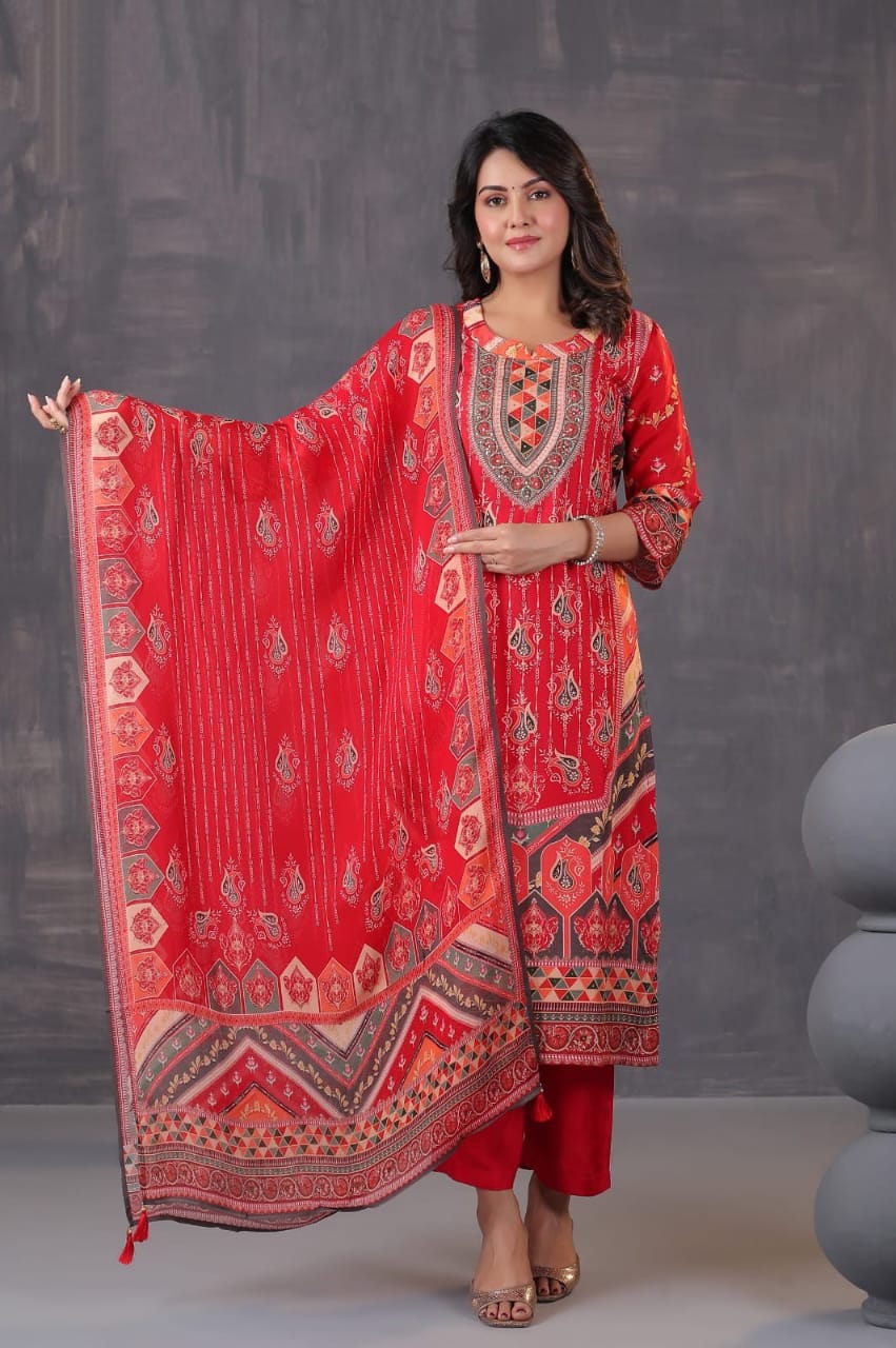 Scarlett Red Handwork 3-Pcs Suit Set