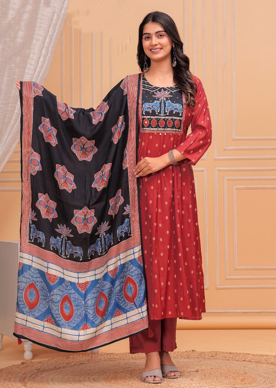 Carmine Red Modal Silk 3_pcs Suit Set