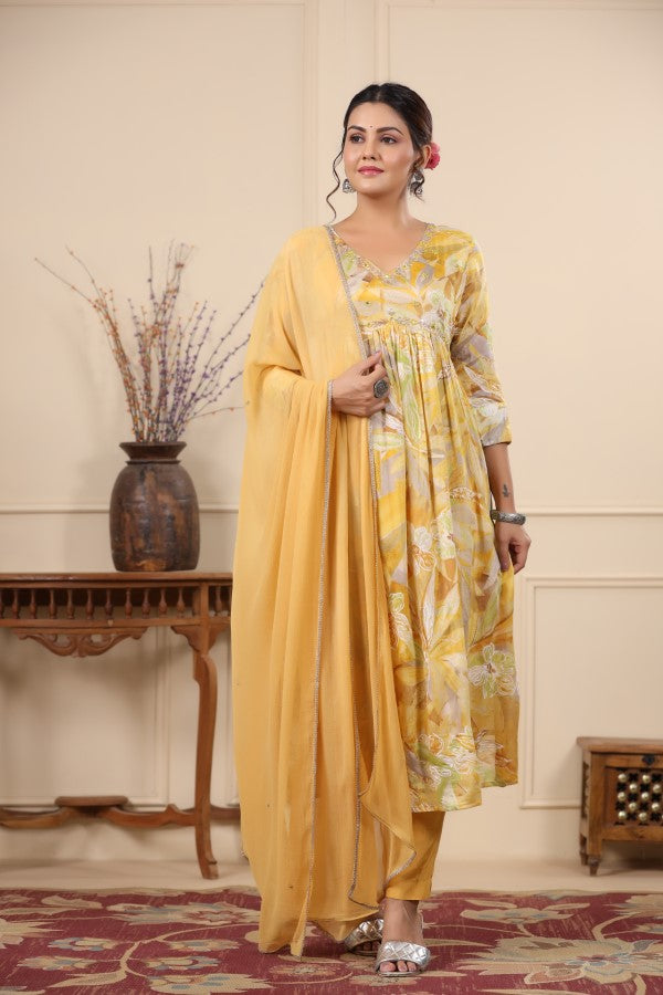 Yellow Handworked Alia-Cut Anarkali Suit Set