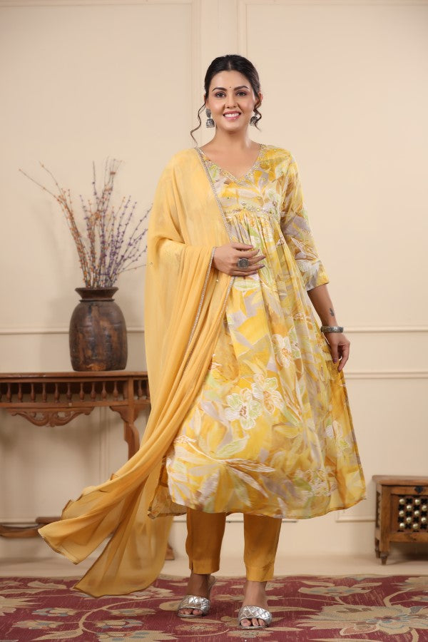 Yellow Handworked Alia-Cut Anarkali Suit Set
