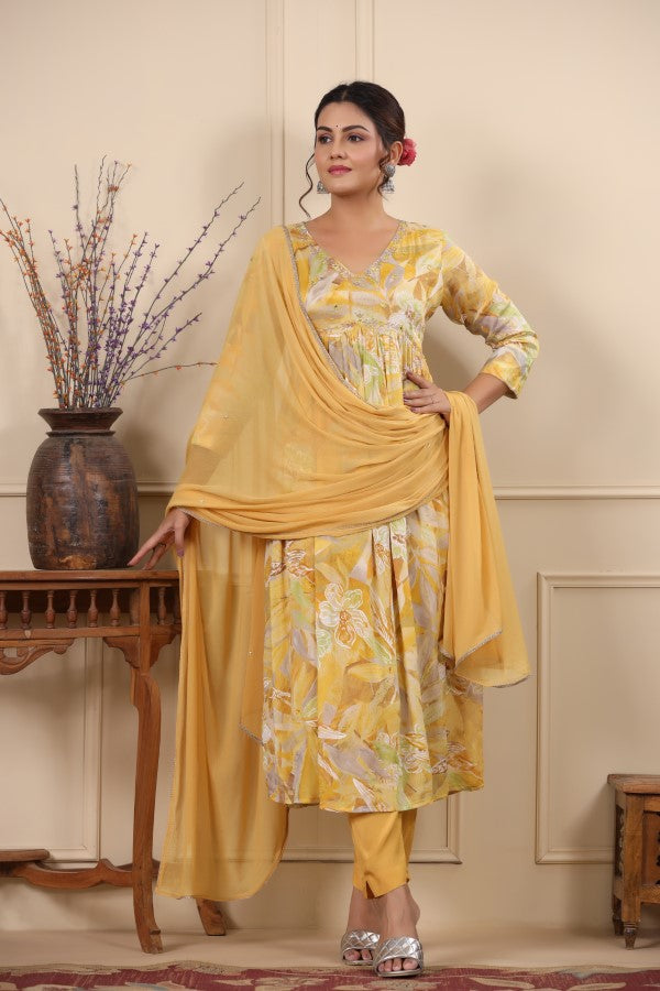 Yellow Handworked Alia-Cut Anarkali Suit Set