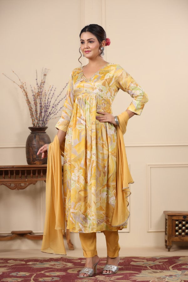 Yellow Handworked Alia-Cut Anarkali Suit Set