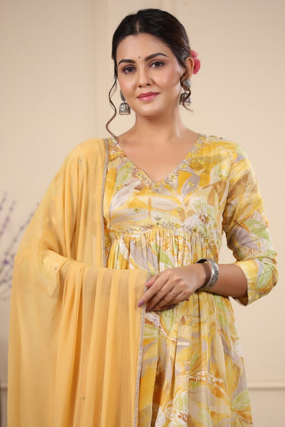 Yellow Handworked Alia-Cut Anarkali Suit Set