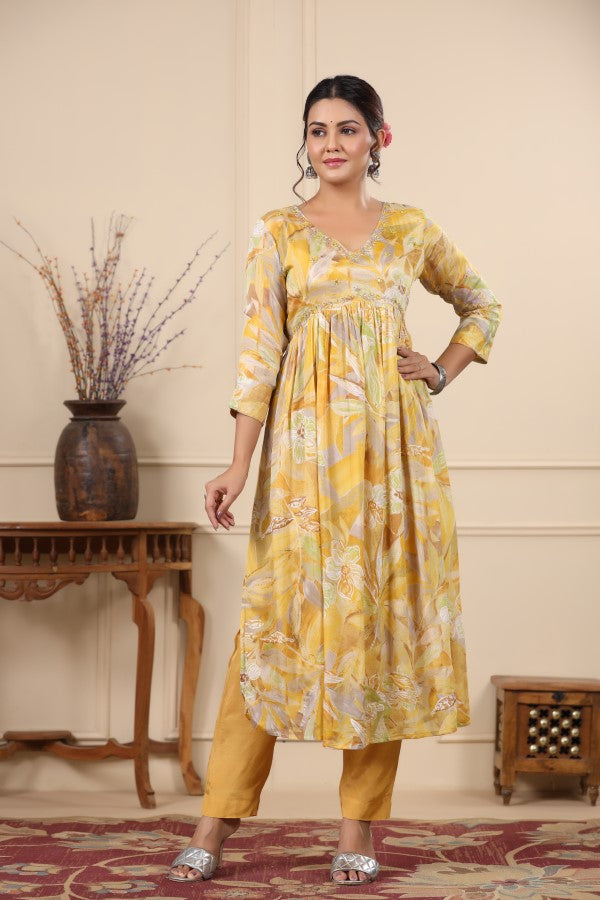 Yellow Handworked Alia-Cut Anarkali Suit Set