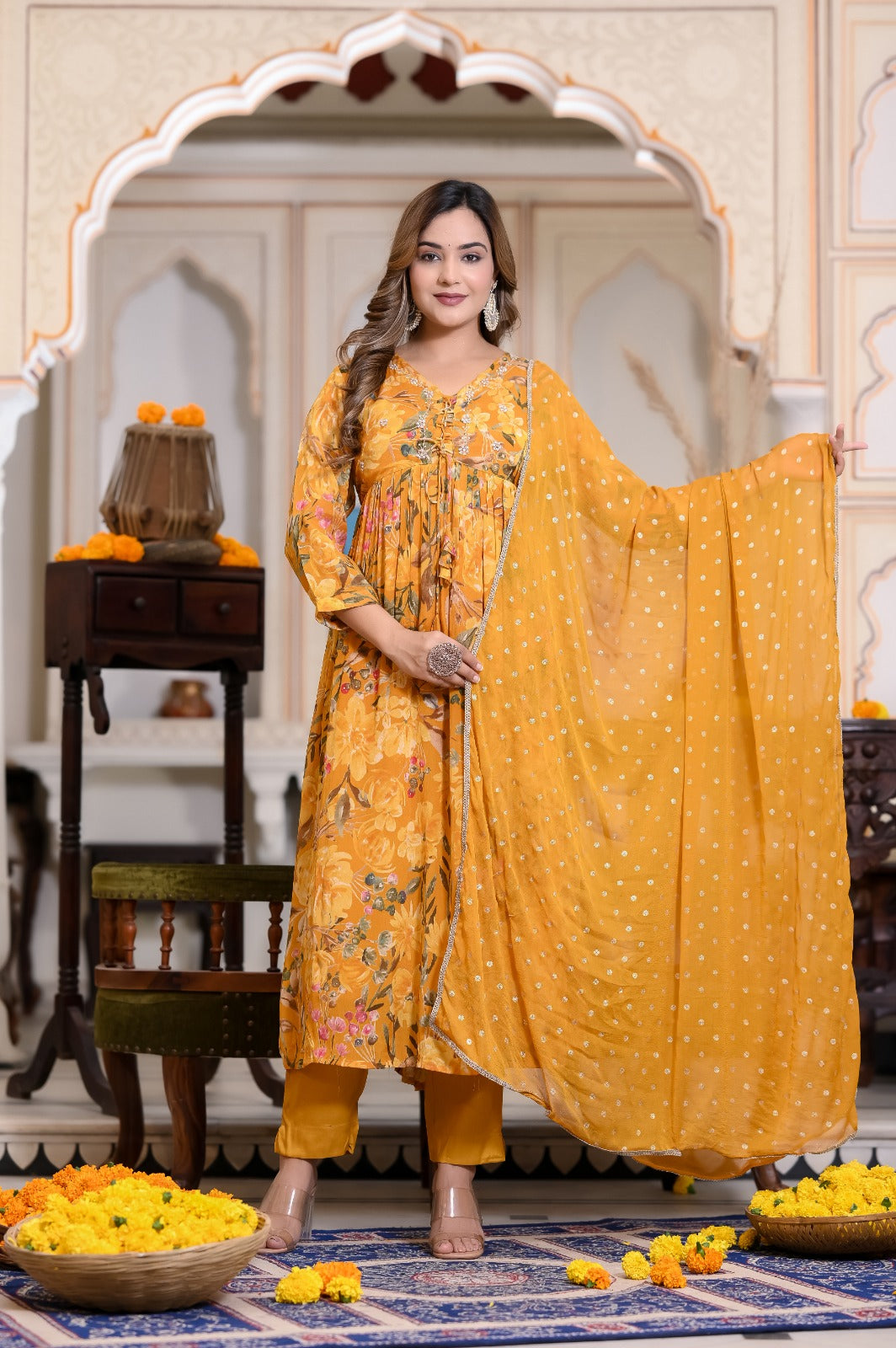 Yellow Handworked Alia-Cut Anarkali Suit Set