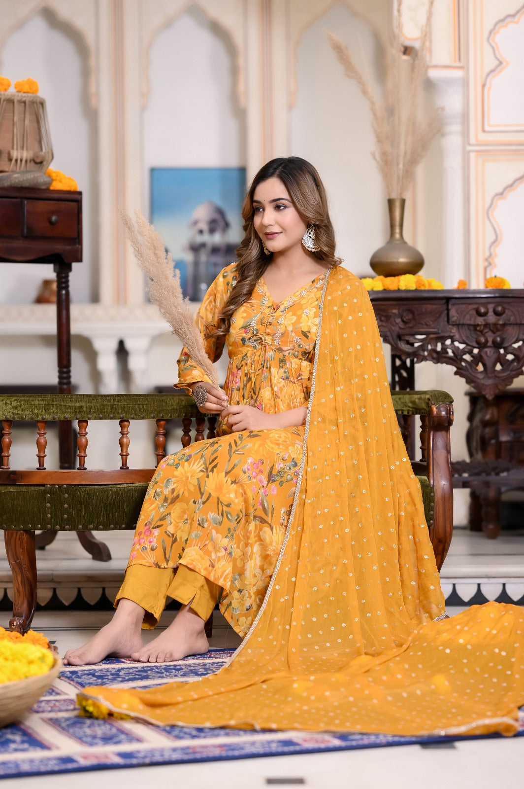 Yellow Handworked Alia-Cut Anarkali Suit Set