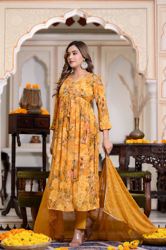 Yellow Handworked Alia-Cut Anarkali Suit Set